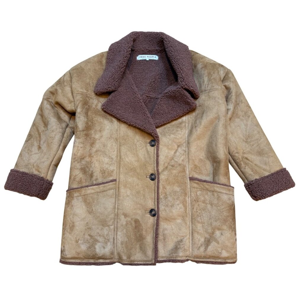 Free People Diogo Brown Suede Warm Short Faux Fur Coat‎ Womens Size Small M